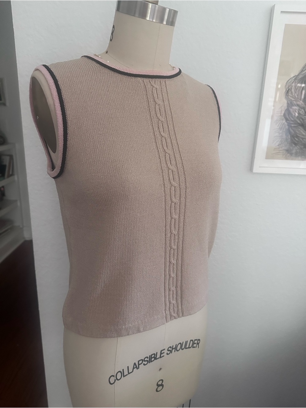St. John Sport by Marie Gray Blush Pink Cable-Front Knit Tank with Contrast Trim